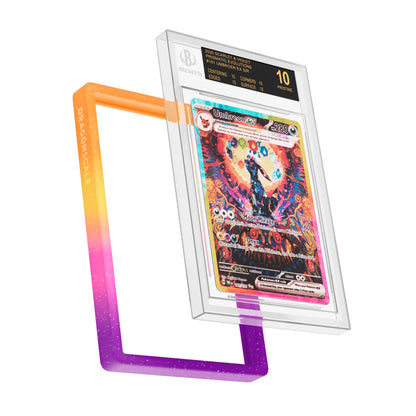 Display and demo view of a BGS slab in Mythic Supernova Dragonscale bumper guard, featuring a Umbreon Ex Prismatic Evolution BGS 10 Pokemon card.