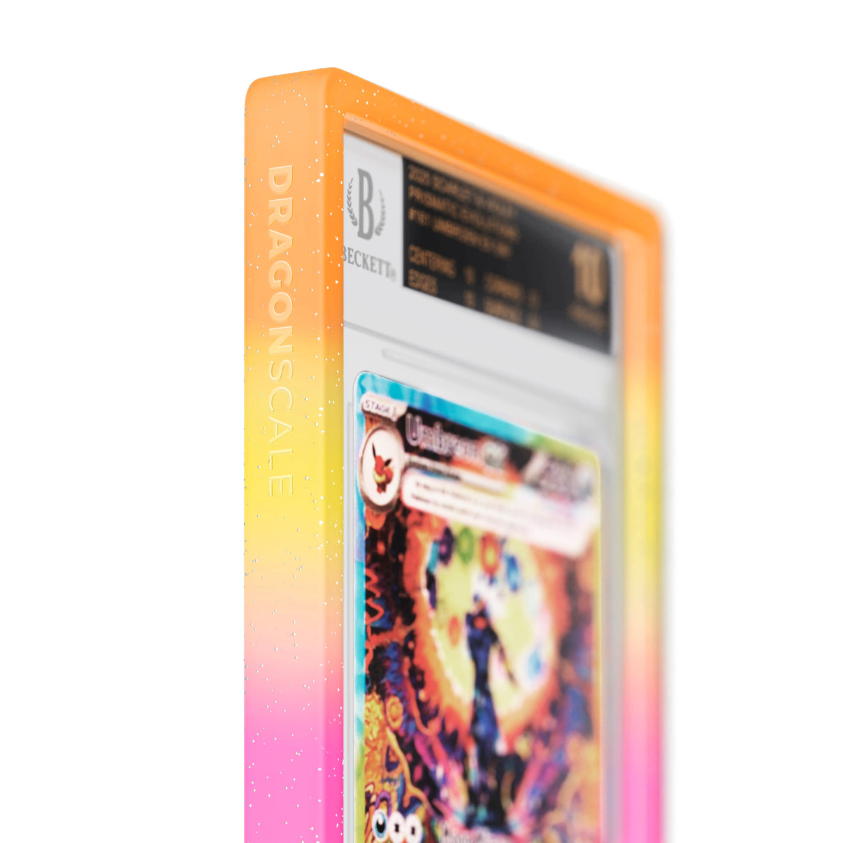 Close up logo zoom view of a BGS slab in Mythic Supernova Dragonscale bumper guard, featuring a Umbreon Ex Prismatic Evolution BGS 10 Pokemon card.