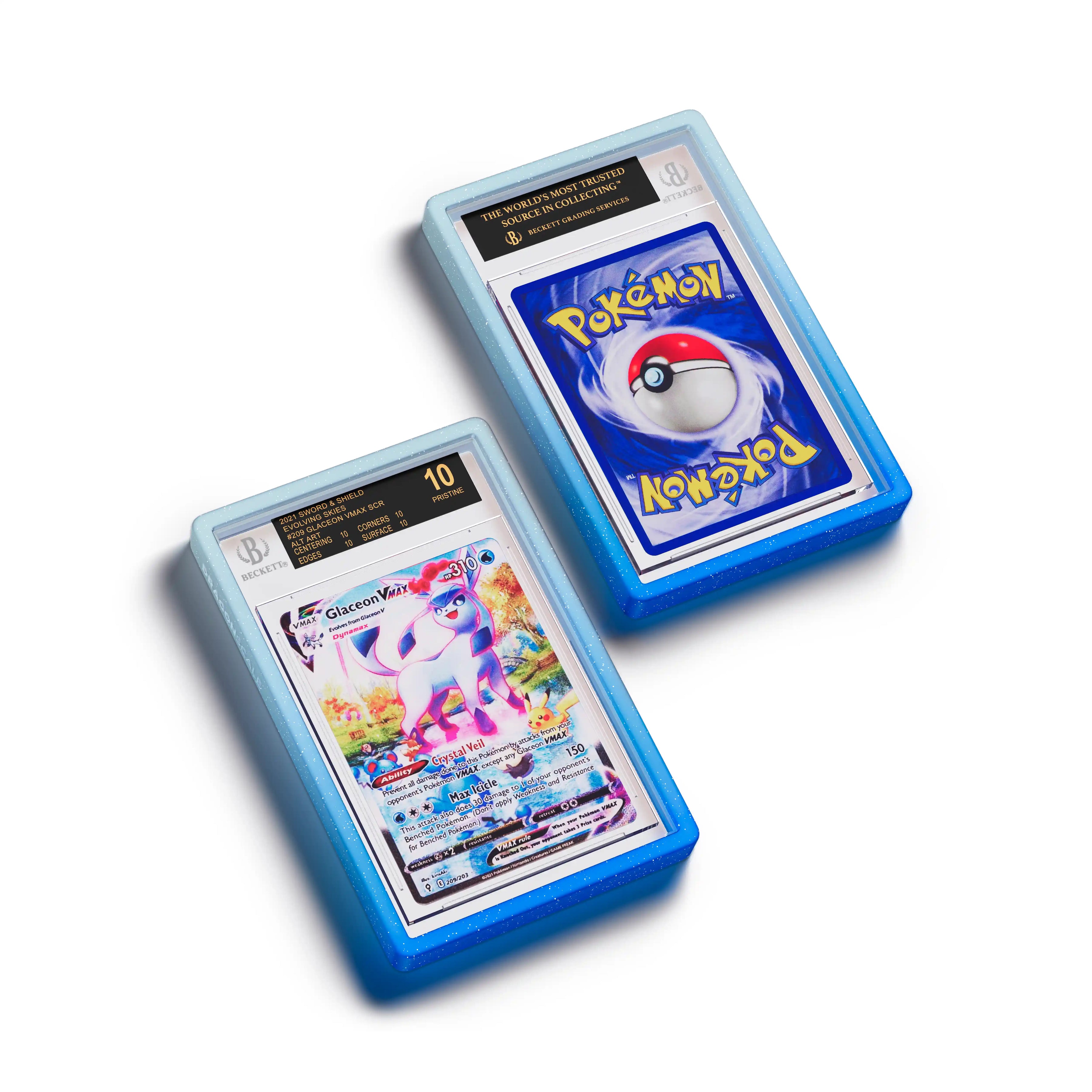 Top-down flat view of a BGS slab in Radiant Aqua Dragonscale bumper guard, featuring a Glaceon VMAX Evolving Skies BGS 10 Pokemon card.