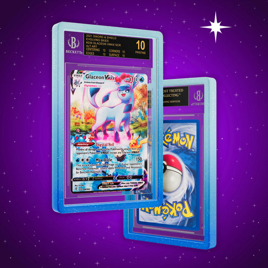 Front and back view of a BGS slab in Radiant Aqua Dragonscale bumper guard, featuring a Glaceon VMAX Evolving Skies BGS 10 Pokemon card.