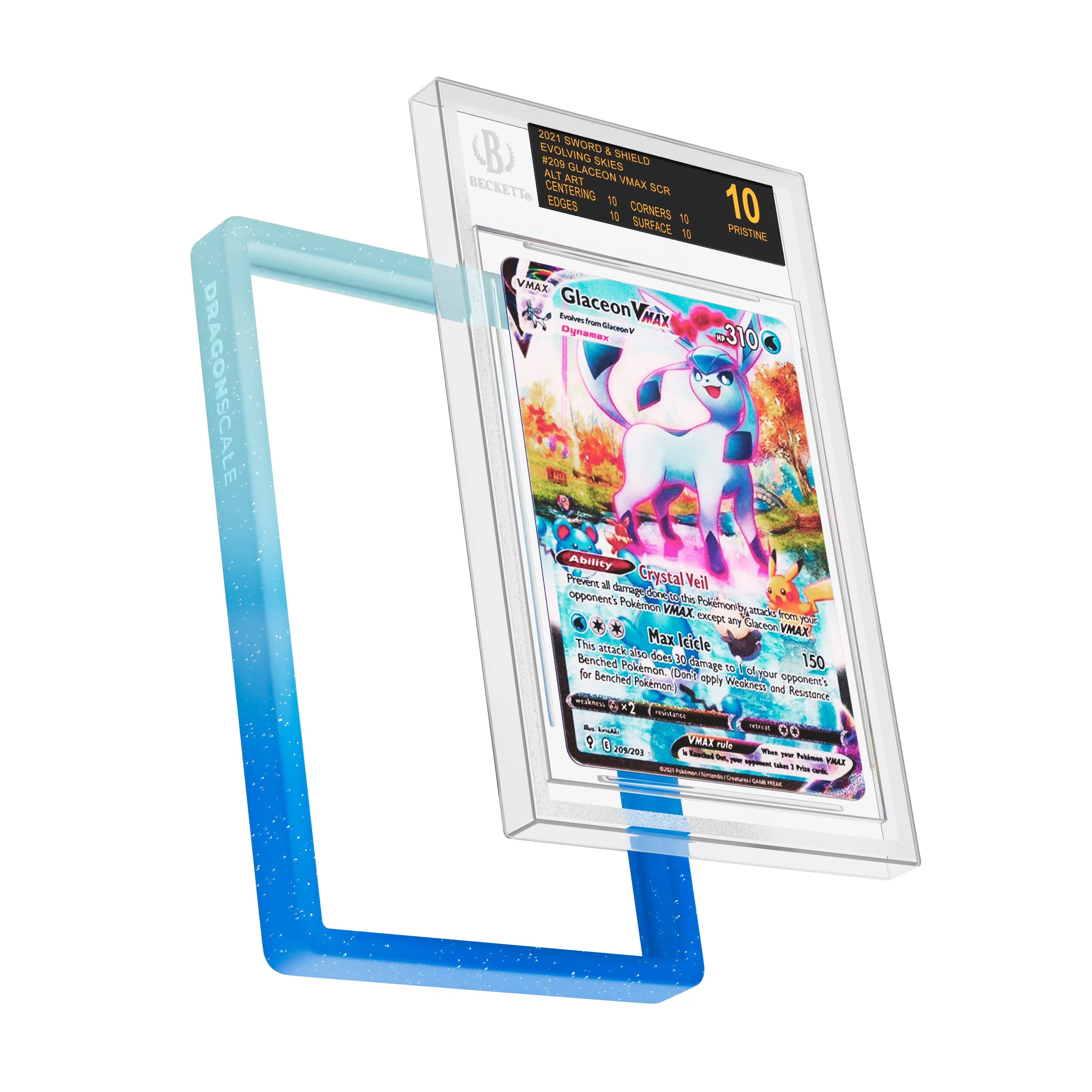 Display and demo view of a BGS slab in Radiant Aqua Dragonscale bumper guard, featuring a Glaceon VMAX Evolving Skies BGS 10 Pokemon card.