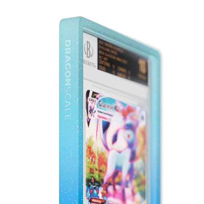 Close up logo zoom view of a BGS slab in Radiant Aqua Dragonscale bumper guard, featuring a Glaceon VMAX Evolving Skies BGS 10 Pokemon card.