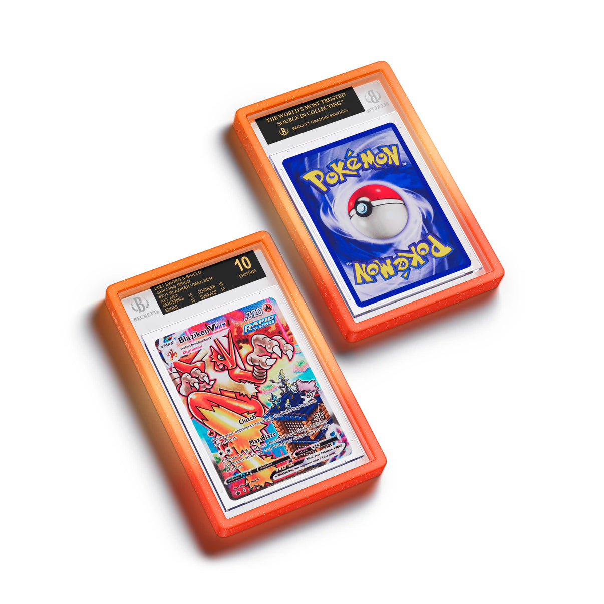 Top-down flat view of a BGS slab in Radiant Blaze Dragonscale bumper guard, featuring a Blaziken VMAX Chilling Reign BGS 10 Pokemon card.