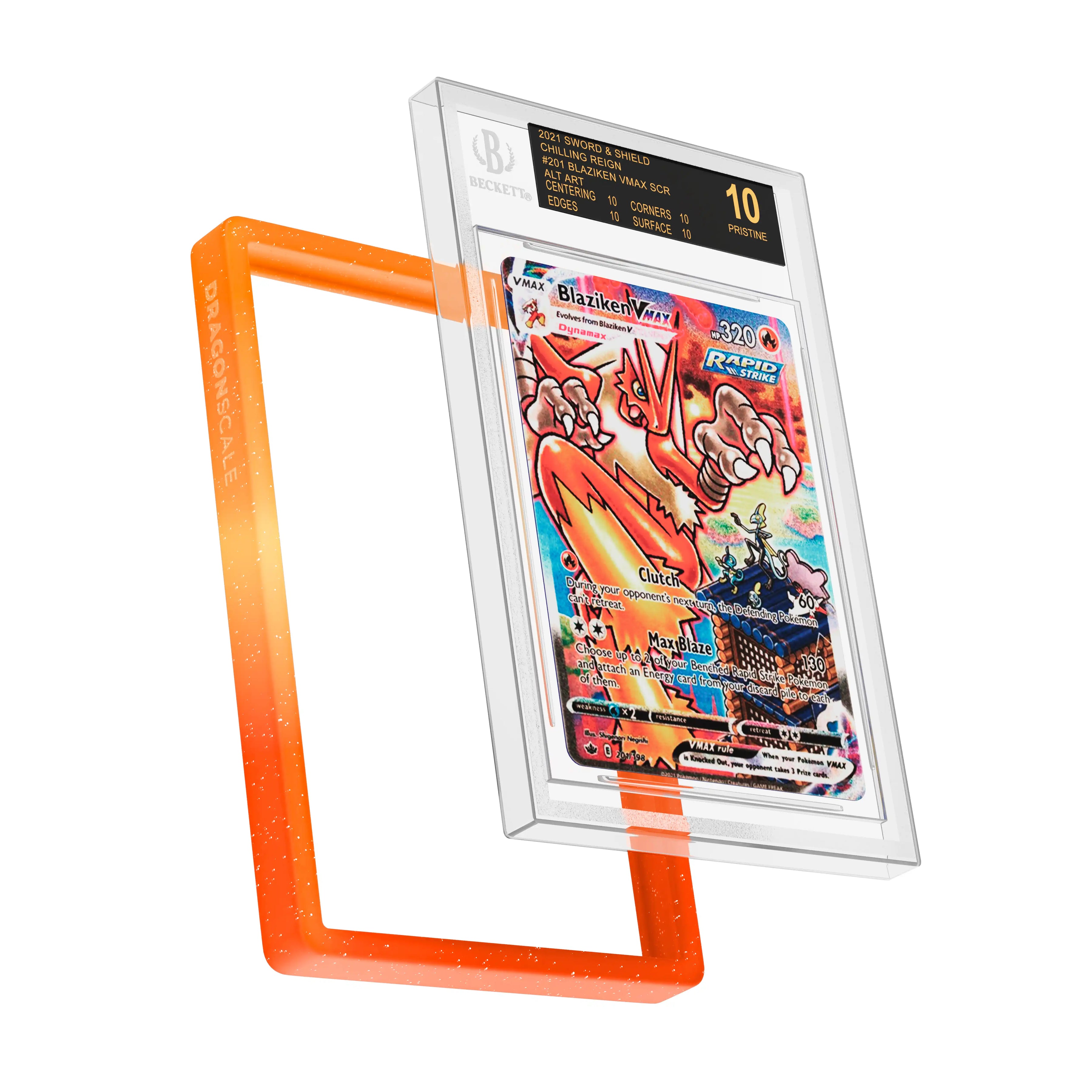 Display and demo view of a BGS slab in Radiant Blaze Dragonscale bumper guard, featuring a Blaziken VMAX Chilling Reign BGS 10 Pokemon card.