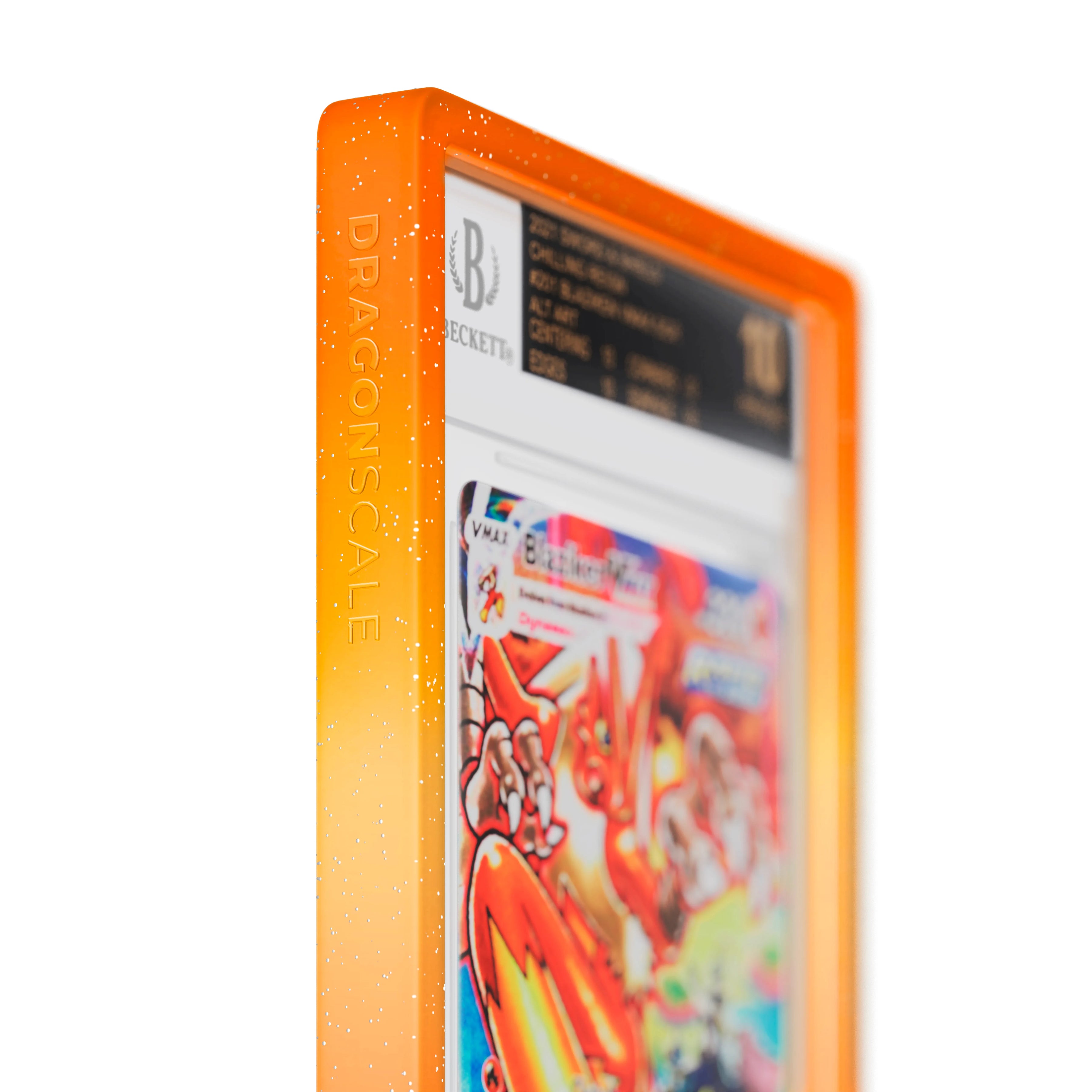 Close up logo zoom view of a BGS slab in Radiant Blaze Dragonscale bumper guard, featuring a Blaziken VMAX Chilling Reign BGS 10 Pokemon card.