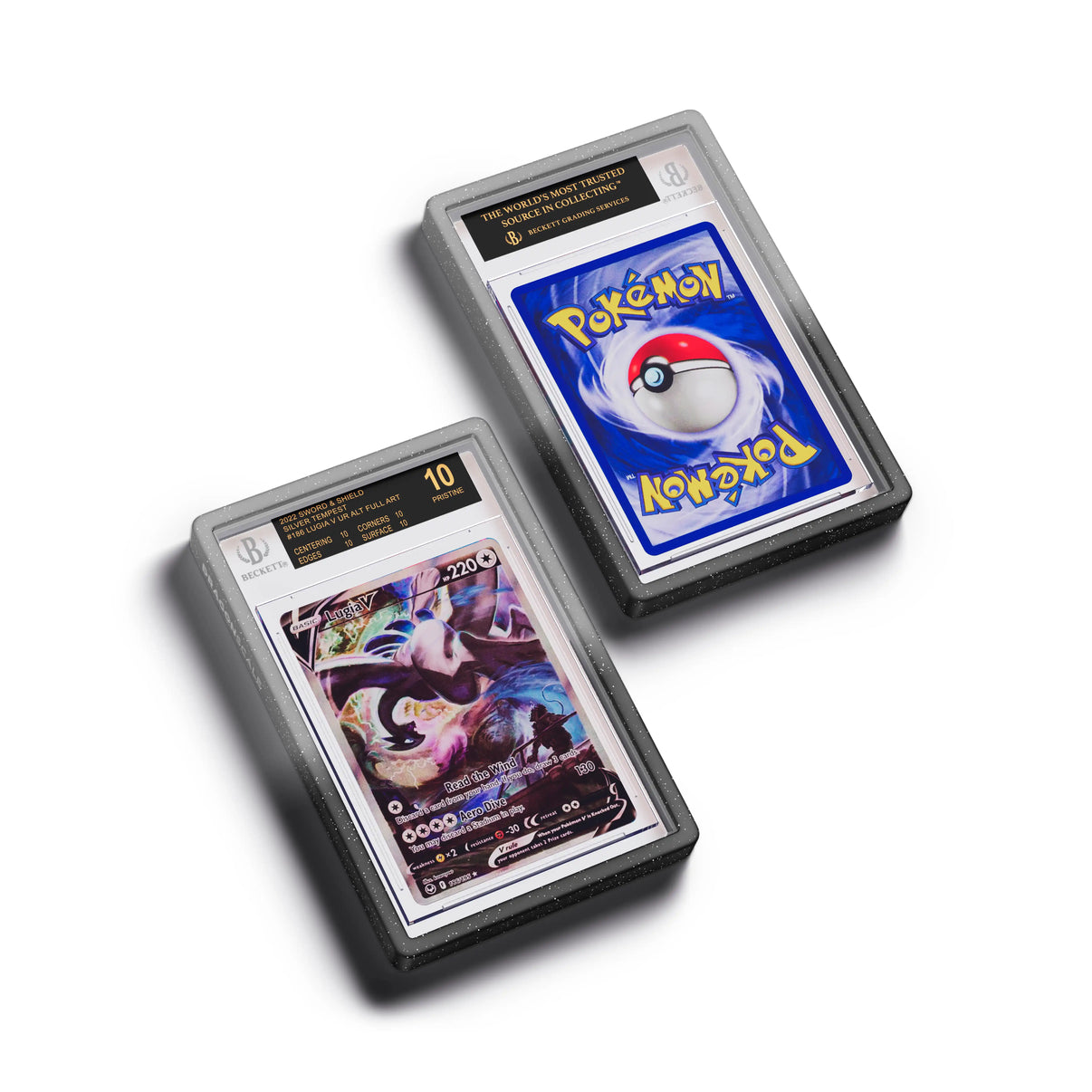 Top-down flat view of a BGS slab in Radiant Midnight Dragonscale bumper guard, featuring a Lugia V Silver Tempest BGS 10 Pokemon card.