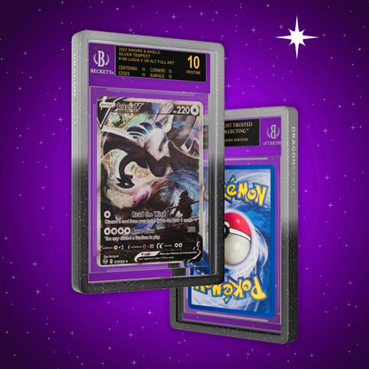 Front and back view of a BGS slab in Radiant Midnight Dragonscale bumper guard, featuring a Lugia V Silver Tempest BGS 10 Pokemon card.