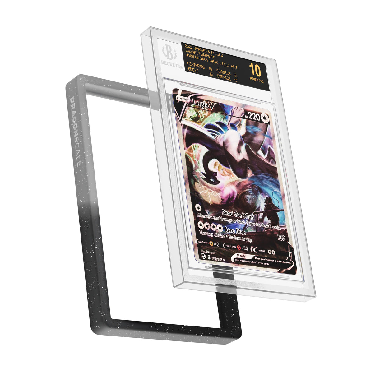 Display and demo view of a BGS slab in Radiant Midnight Dragonscale bumper guard, featuring a Lugia V Silver Tempest BGS 10 Pokemon card.
