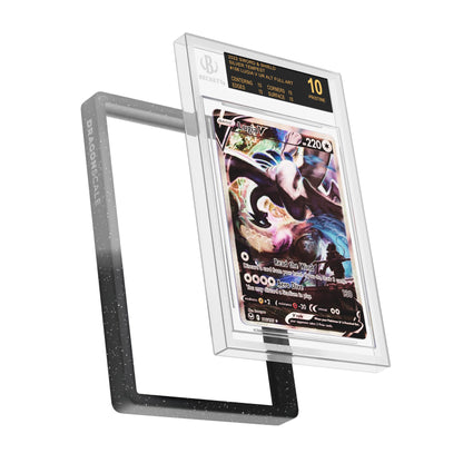 Display and demo view of a BGS slab in Radiant Midnight Dragonscale bumper guard, featuring a Lugia V Silver Tempest BGS 10 Pokemon card.