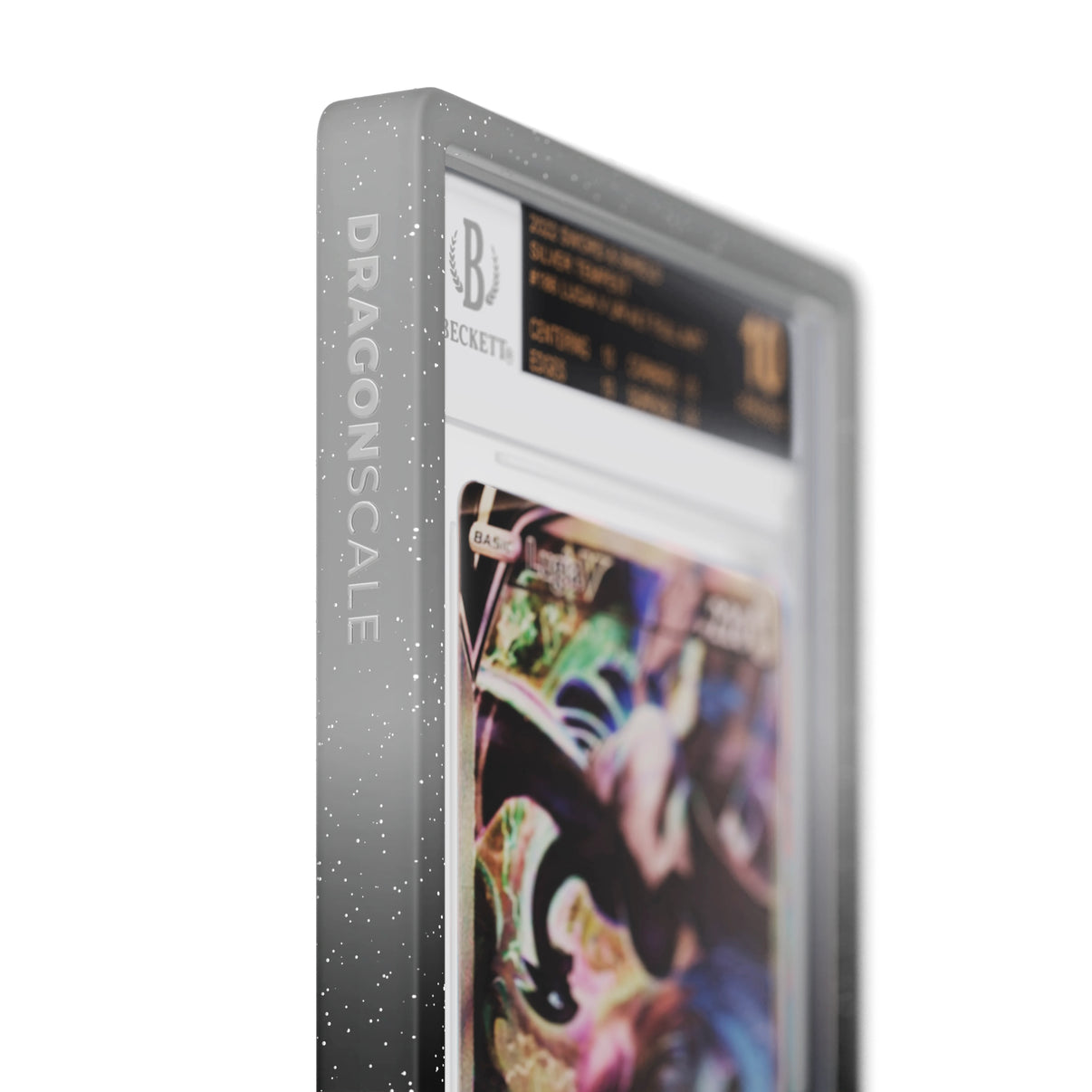 Close up logo zoom view of a BGS slab in Radiant Midnight Dragonscale bumper guard, featuring a Lugia V Silver Tempest BGS 10 Pokemon card.