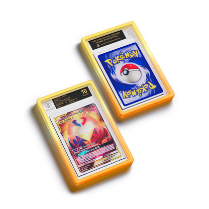 Top-down flat view of a BGS slab in Radiant Solar Dragonscale bumper guard, featuring a Latias & Latios Gx Sun & Moon Team Up BGS 10 Pokemon card.