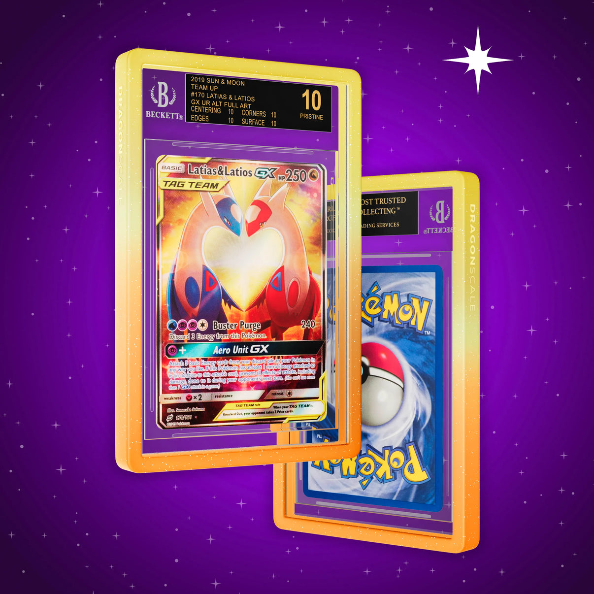 Front and back view of a BGS slab in Radiant Solar Dragonscale bumper guard, featuring a Latias & Latios Gx Sun & Moon Team Up BGS 10 Pokemon card.