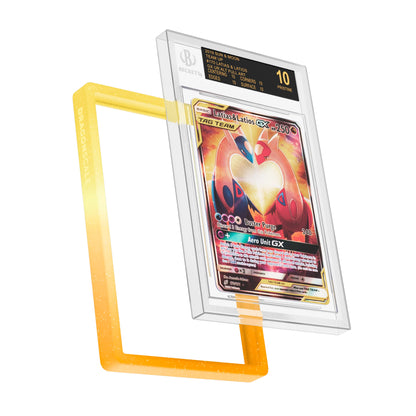 Display and demo view of a BGS slab in Radiant Solar Dragonscale bumper guard, featuring a Latias & Latios Gx Sun & Moon Team Up BGS 10 Pokemon card.