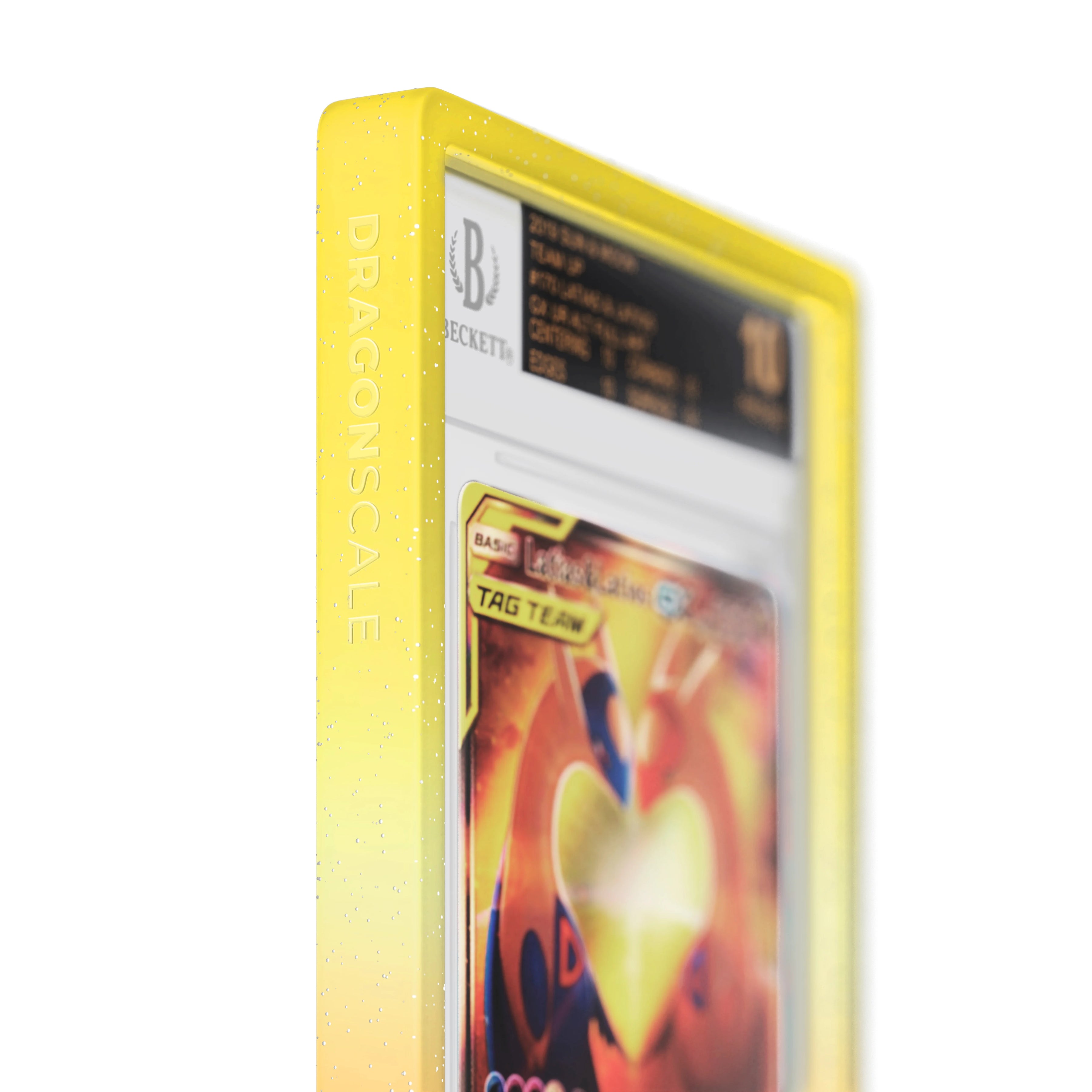 Close up logo zoom view of a BGS slab in Radiant Solar Dragonscale bumper guard, featuring a Latias & Latios Gx Sun & Moon Team Up BGS 10 Pokemon card.