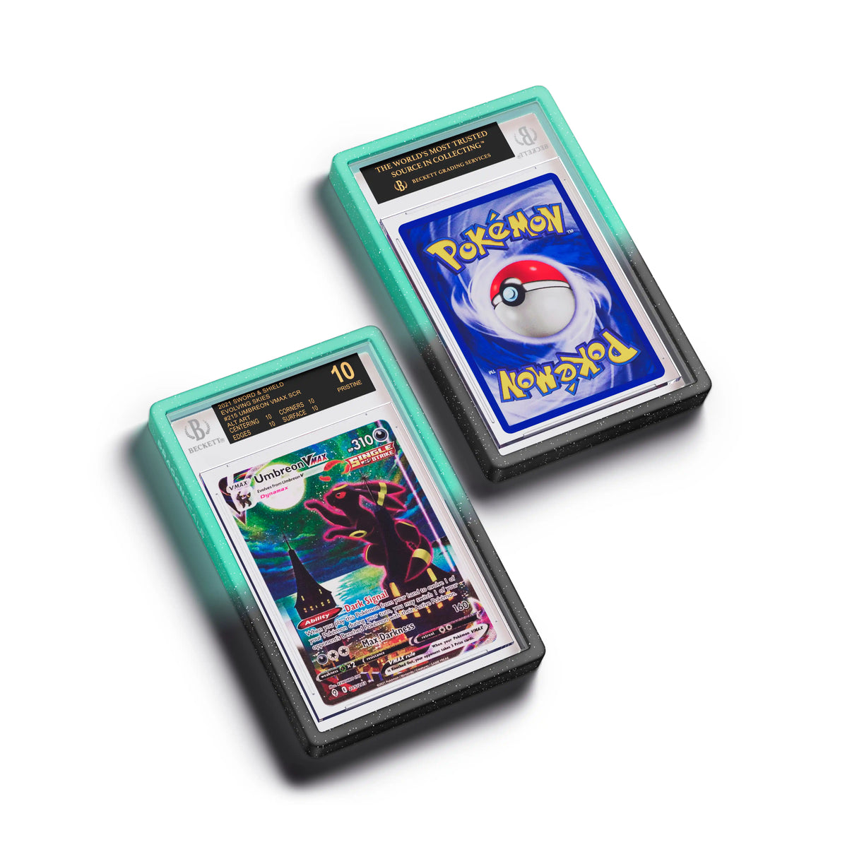 Top-down flat view of a BGS slab in Radiant Spectral Dragonscale bumper guard, featuring a Umbreon VMAX Evolving Skies BGS 10 Pokemon card.