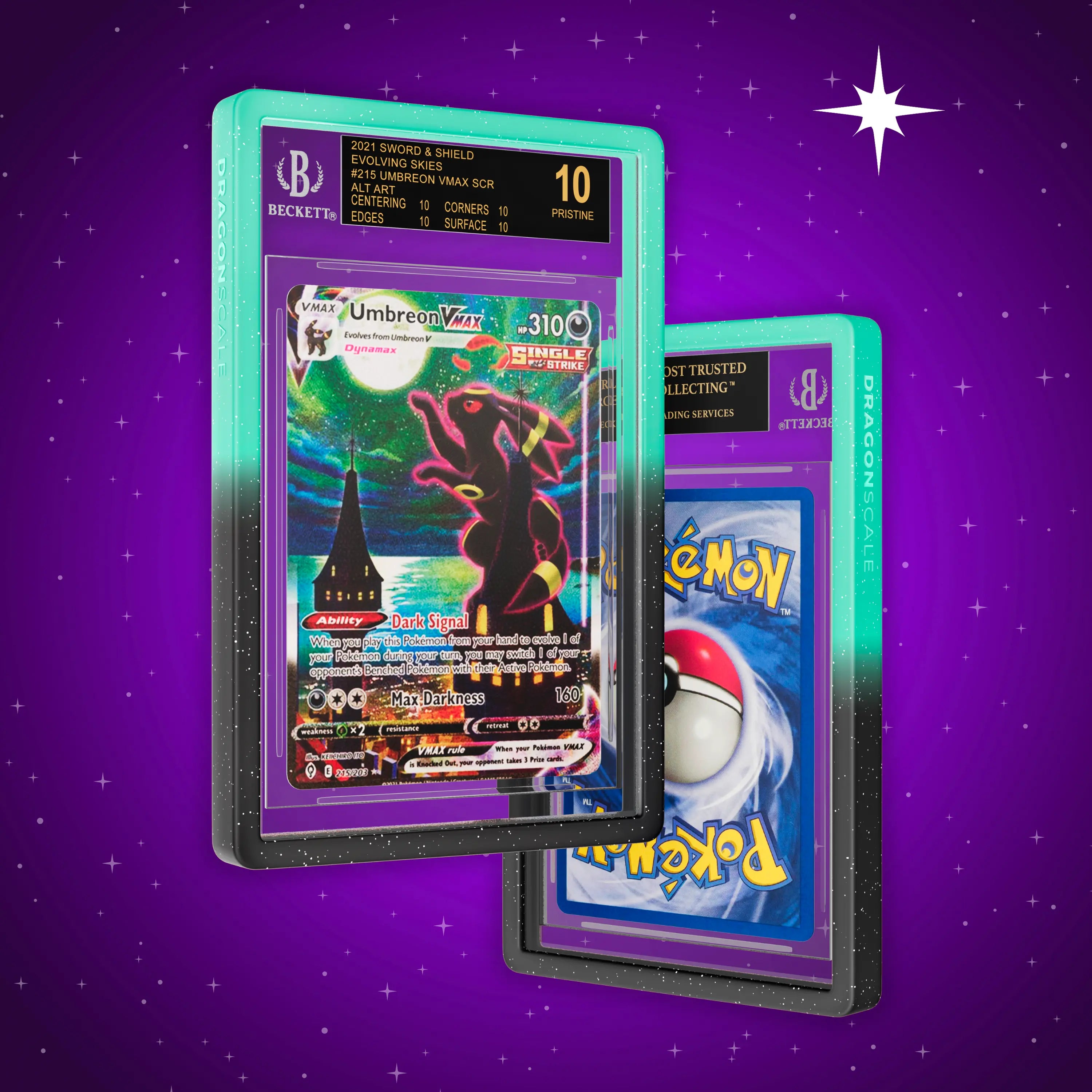 Front and back view of a BGS slab in Radiant Spectral Dragonscale bumper guard, featuring a Umbreon VMAX Evolving Skies BGS 10 Pokemon card.