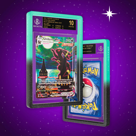 Front and back view of a BGS slab in Radiant Spectral Dragonscale bumper guard, featuring a Umbreon VMAX Evolving Skies BGS 10 Pokemon card.