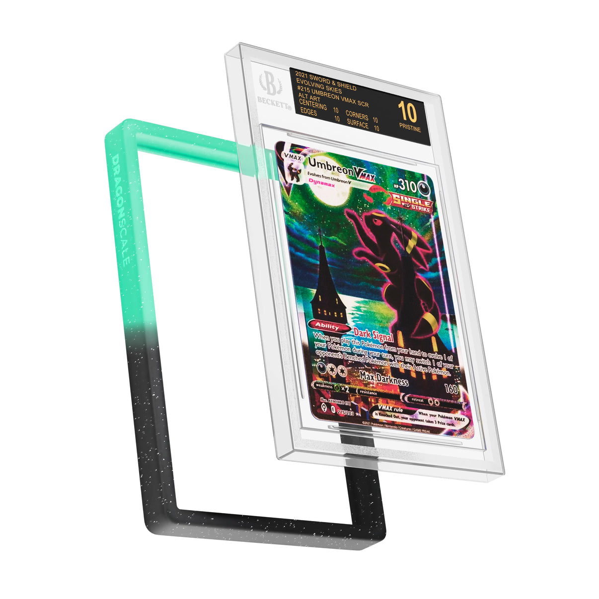 Display and demo view of a BGS slab in Radiant Spectral Dragonscale bumper guard, featuring a Umbreon VMAX Evolving Skies BGS 10 Pokemon card.