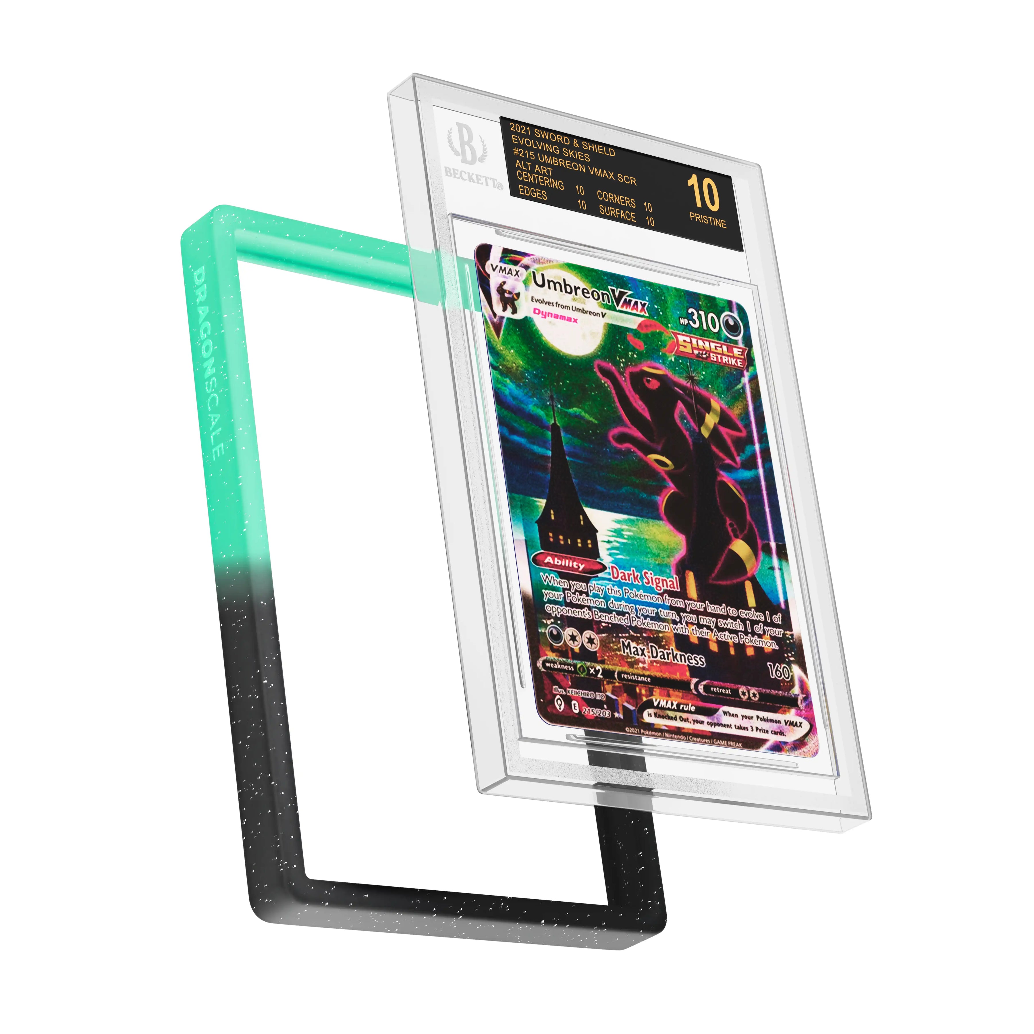 Display and demo view of a BGS slab in Radiant Spectral Dragonscale bumper guard, featuring a Umbreon VMAX Evolving Skies BGS 10 Pokemon card.