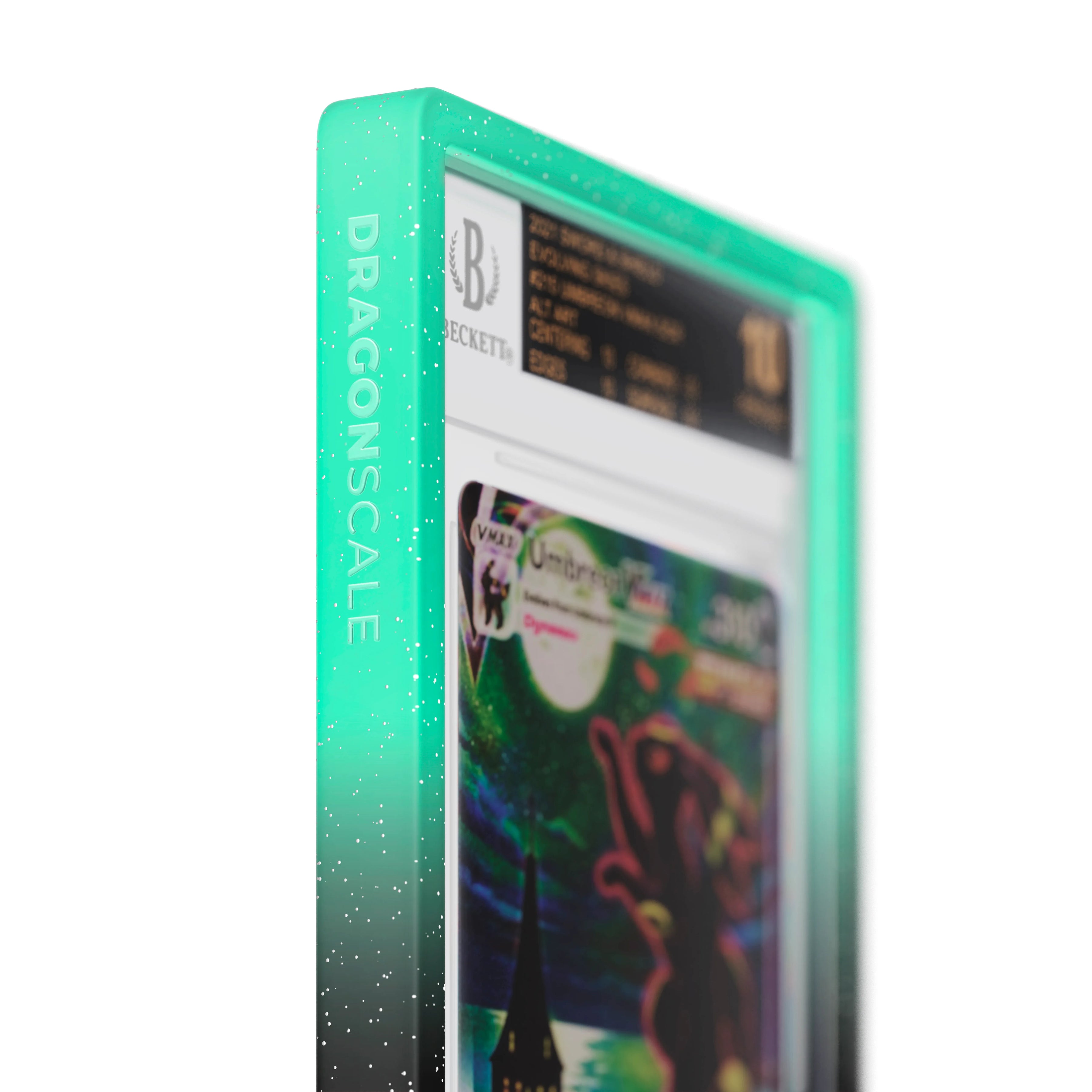 Close up logo zoom view of a BGS slab in Radiant Spectral Dragonscale bumper guard, featuring a Umbreon VMAX Evolving Skies BGS 10 Pokemon card.