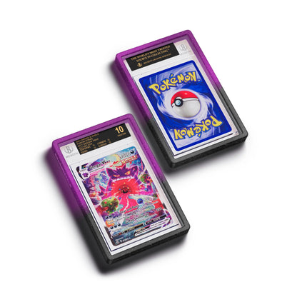 Top-down flat view of a BGS slab in Radiant Void Dragonscale bumper guard, featuring a Gengar VMAX Fusion Strike BGS 10 Pokemon card.