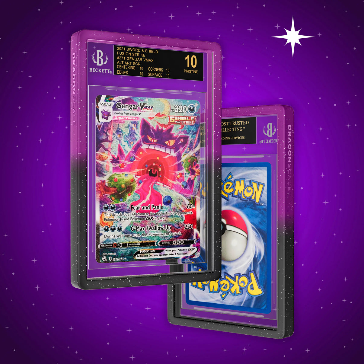 Front and back view of a BGS slab in Radiant Void Dragonscale bumper guard, featuring a Gengar VMAX Fusion Strike BGS 10 Pokemon card.