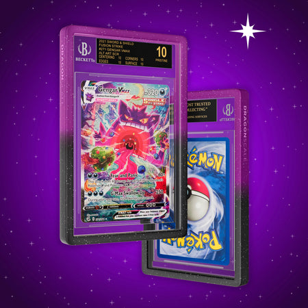 Front and back view of a BGS slab in Radiant Void Dragonscale bumper guard, featuring a Gengar VMAX Fusion Strike BGS 10 Pokemon card.