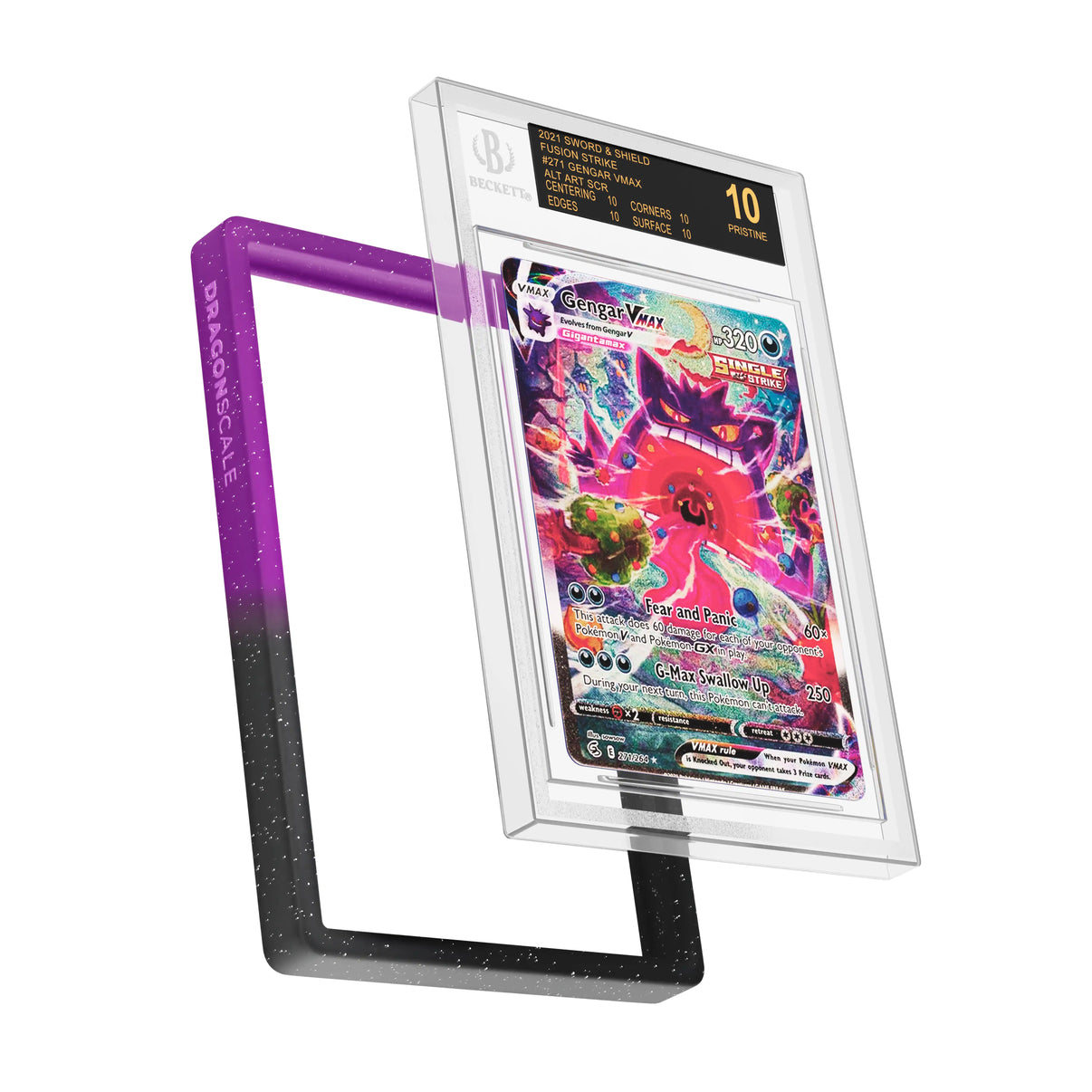 Display and demo view of a BGS slab in Radiant Void Dragonscale bumper guard, featuring a Gengar VMAX Fusion Strike BGS 10 Pokemon card.