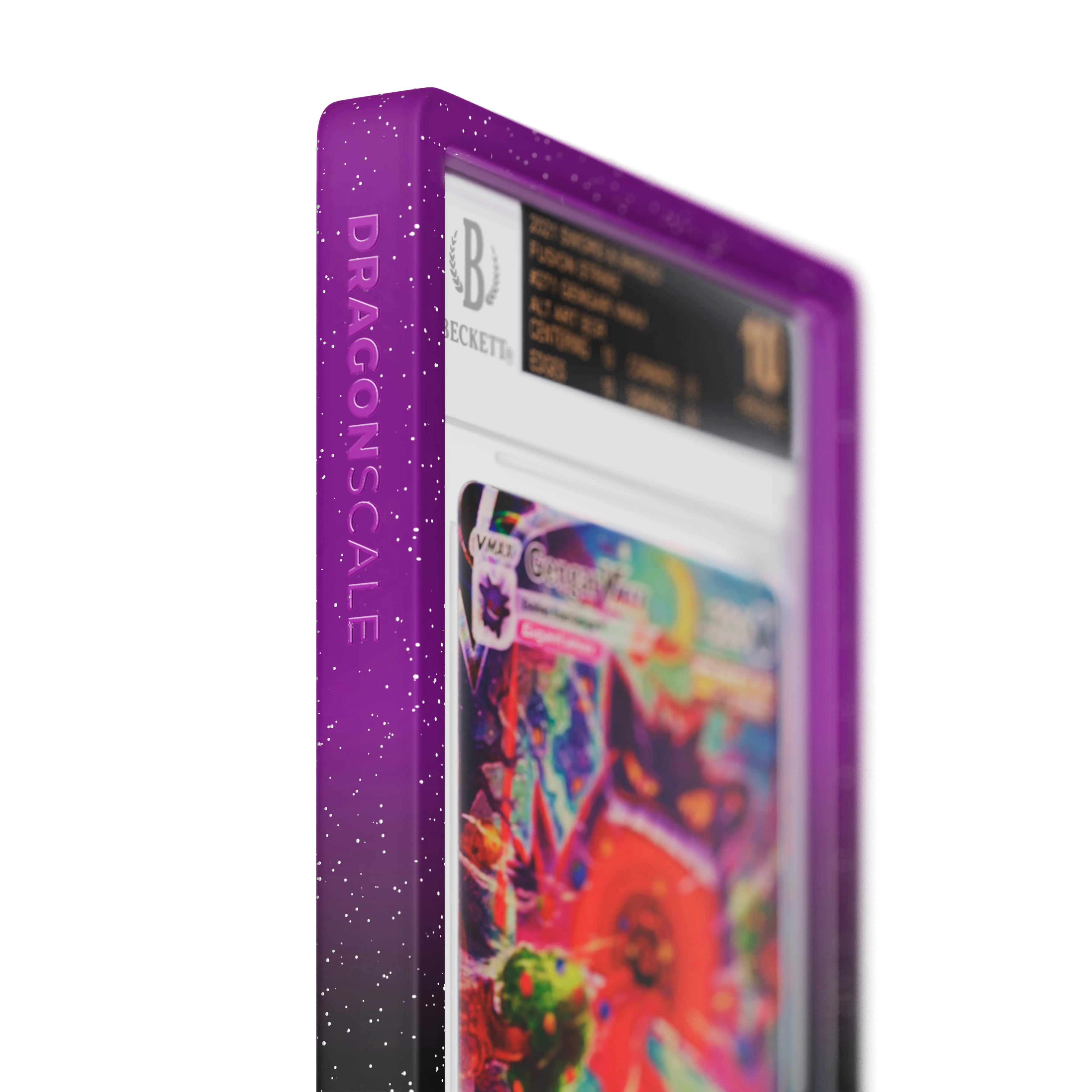 Close up logo zoom view of a BGS slab in Radiant Void Dragonscale bumper guard, featuring a Gengar VMAX Fusion Strike BGS 10 Pokemon card.