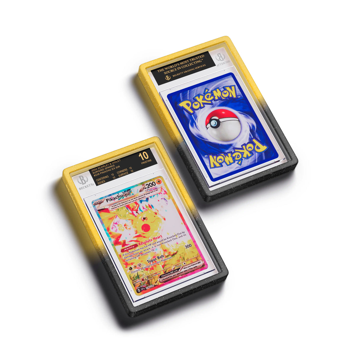 Top-down flat view of a BGS slab in Radiant Voltage Dragonscale bumper guard, featuring a Pikachu Ex Surging Sparks BGS 10 Pokemon card.