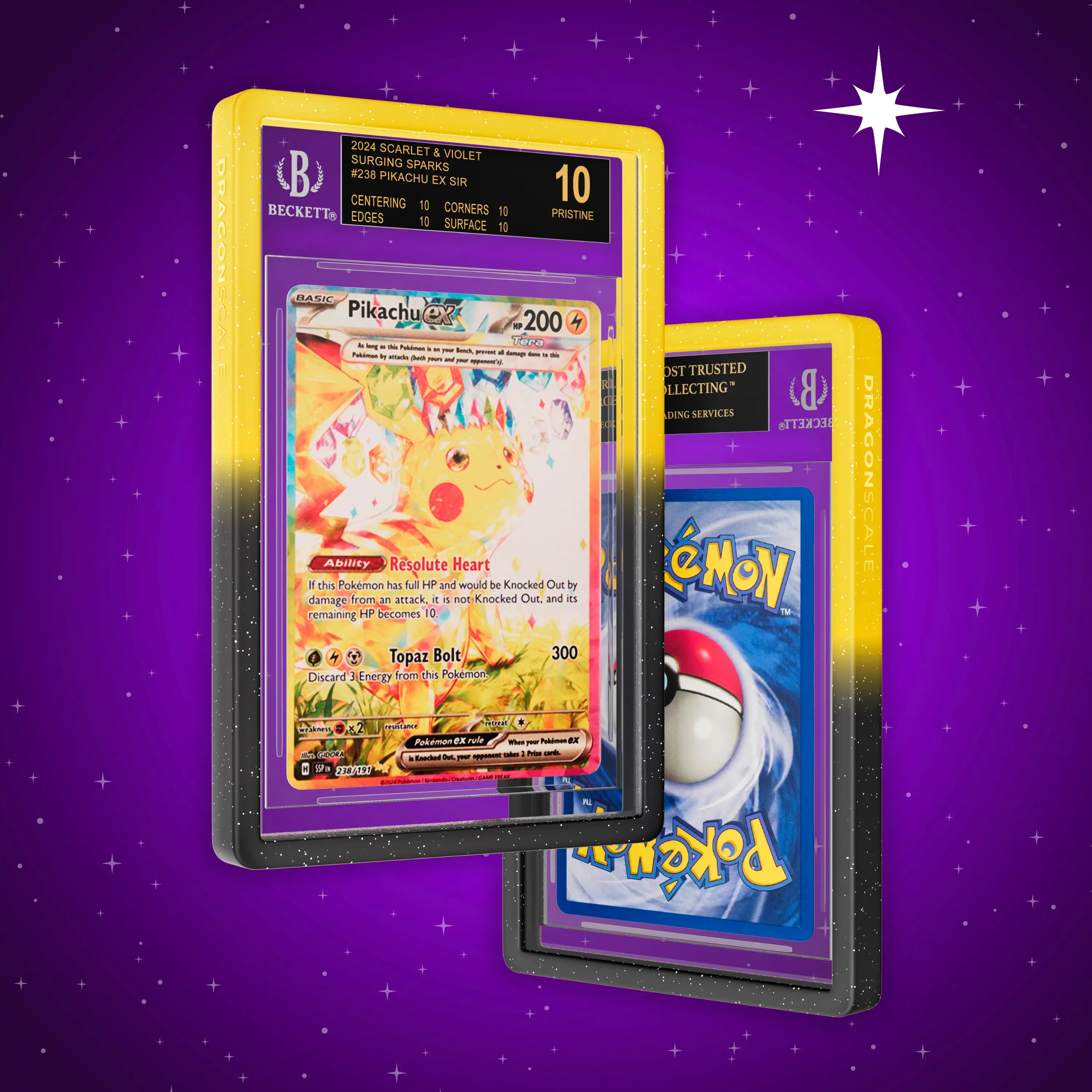 Front and back view of a BGS slab in Radiant Voltage Dragonscale bumper guard, featuring a Pikachu Ex Surging Sparks BGS 10 Pokemon card.