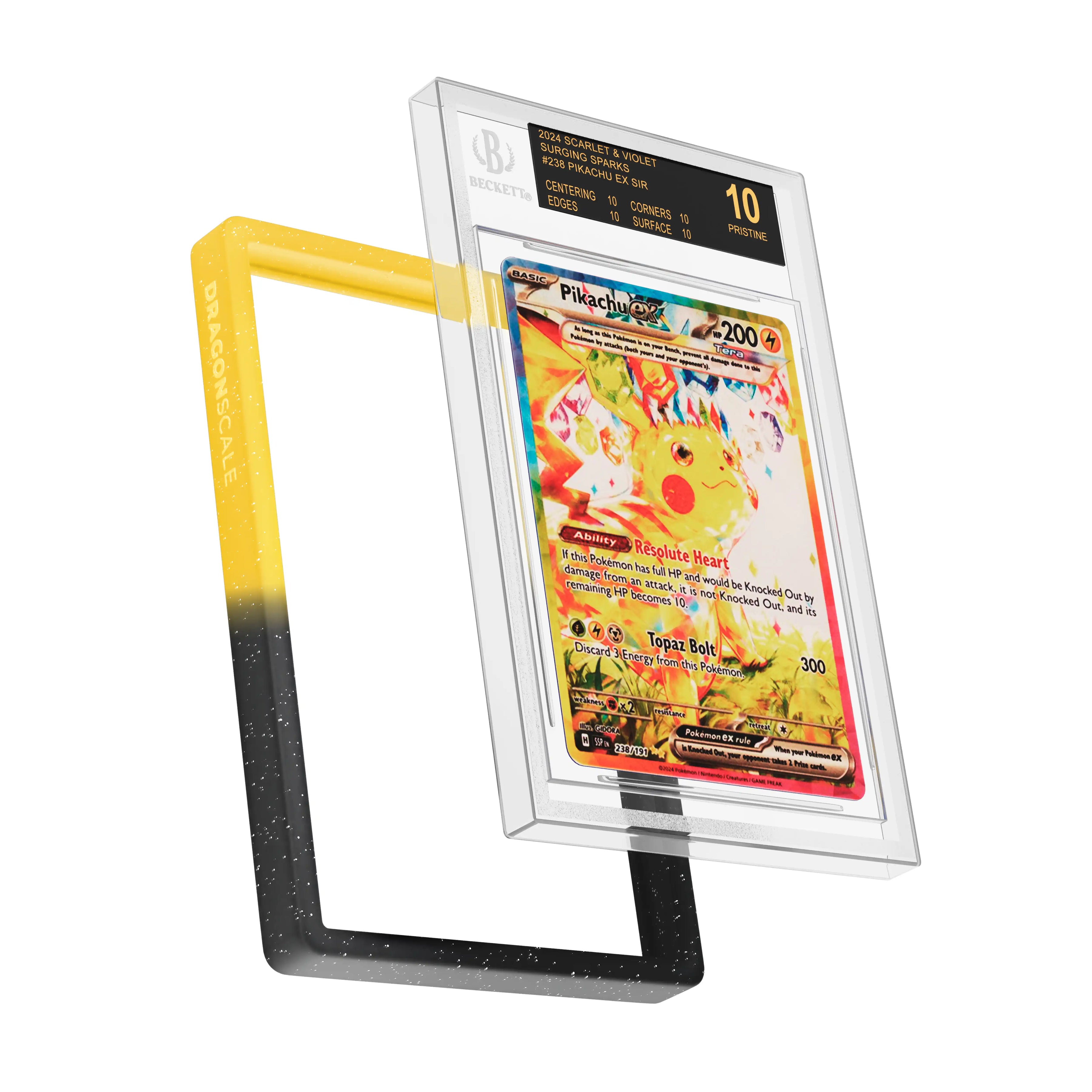 Display and demo view of a BGS slab in Radiant Voltage Dragonscale bumper guard, featuring a Pikachu Ex Surging Sparks BGS 10 Pokemon card.