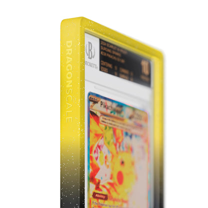 Close up logo zoom view of a BGS slab in Radiant Voltage Dragonscale bumper guard, featuring a Pikachu Ex Surging Sparks BGS 10 Pokemon card.