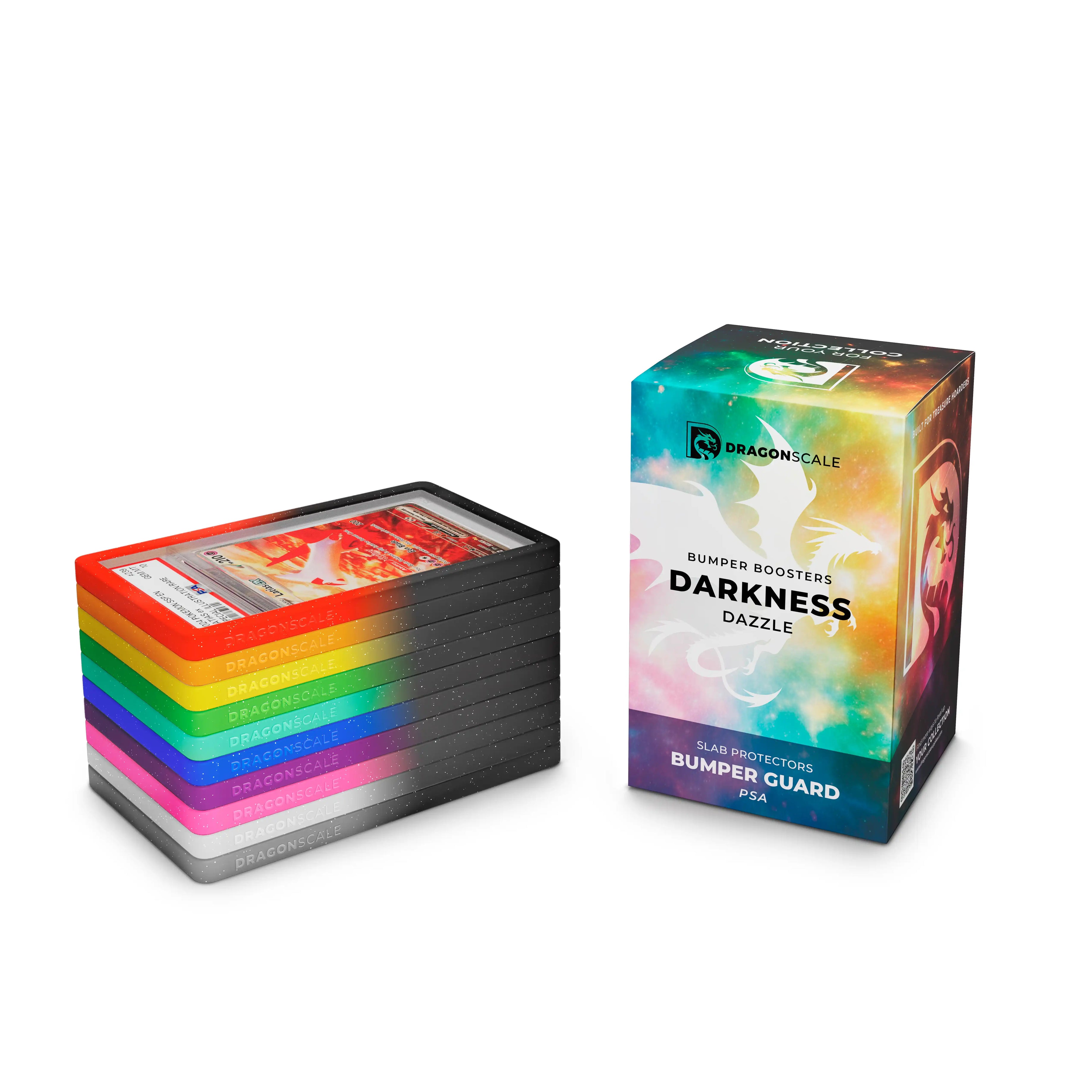 Boxed set view of the Dragonscale Darkness Dazzle bumper booster box, featuring a display packaging box alongside a stack of 10-pack PSA bumper guards.