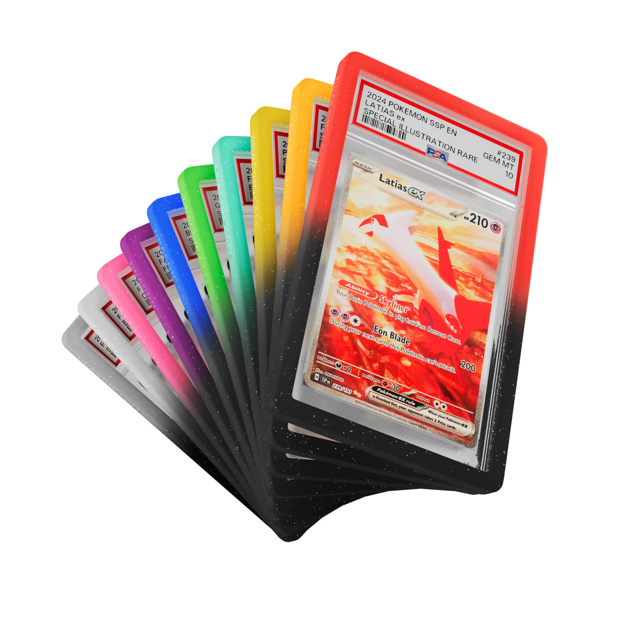 Fan display of Dragonscale PSA bumper guards from the Darkness Dazzle bumper booster box, showcasing PSA slabs with guards in 10 different colors.