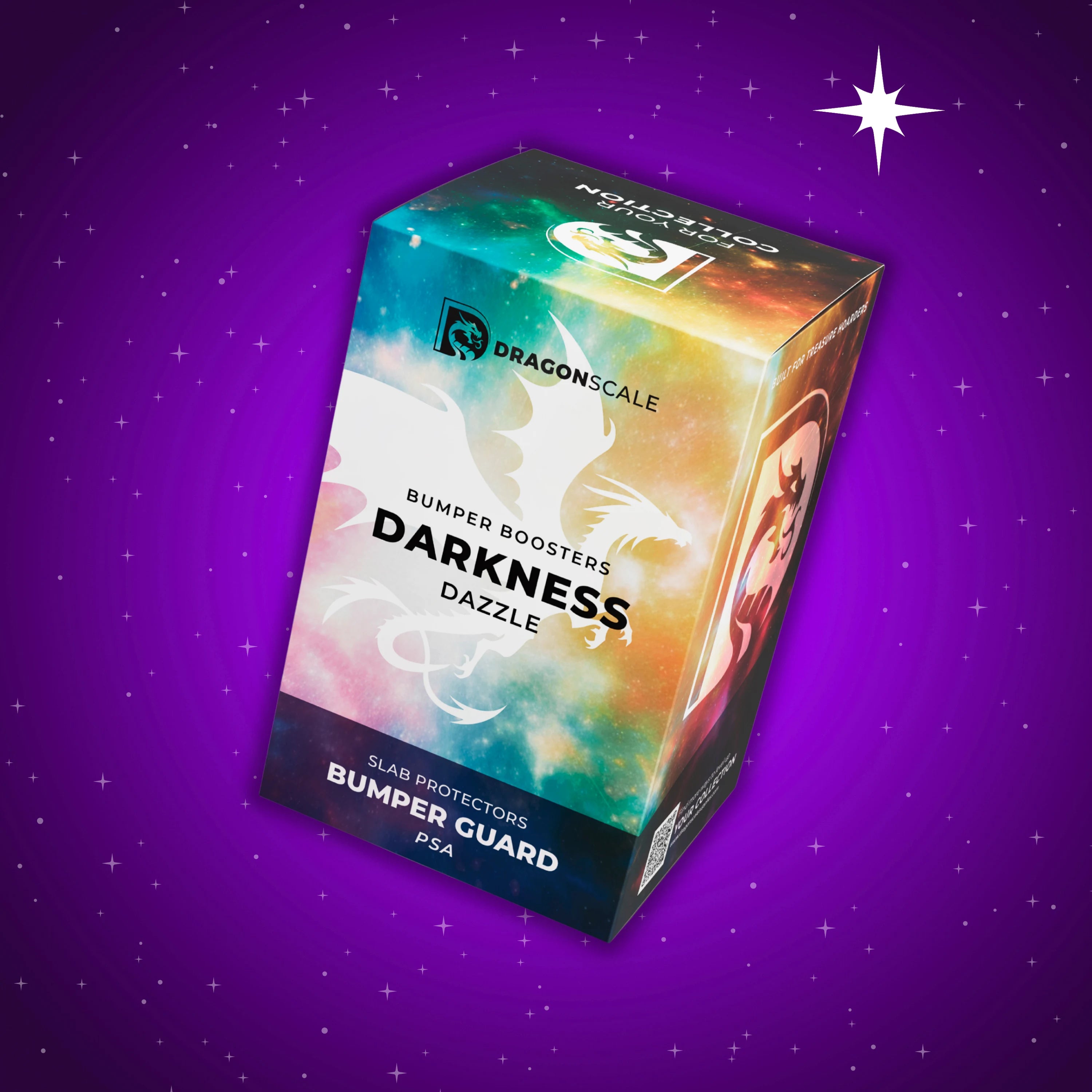 Front-facing view of the Dragonscale Darkness Dazzle bumper booster box, featuring a display packaging box for 10-pack PSA bumper guards.