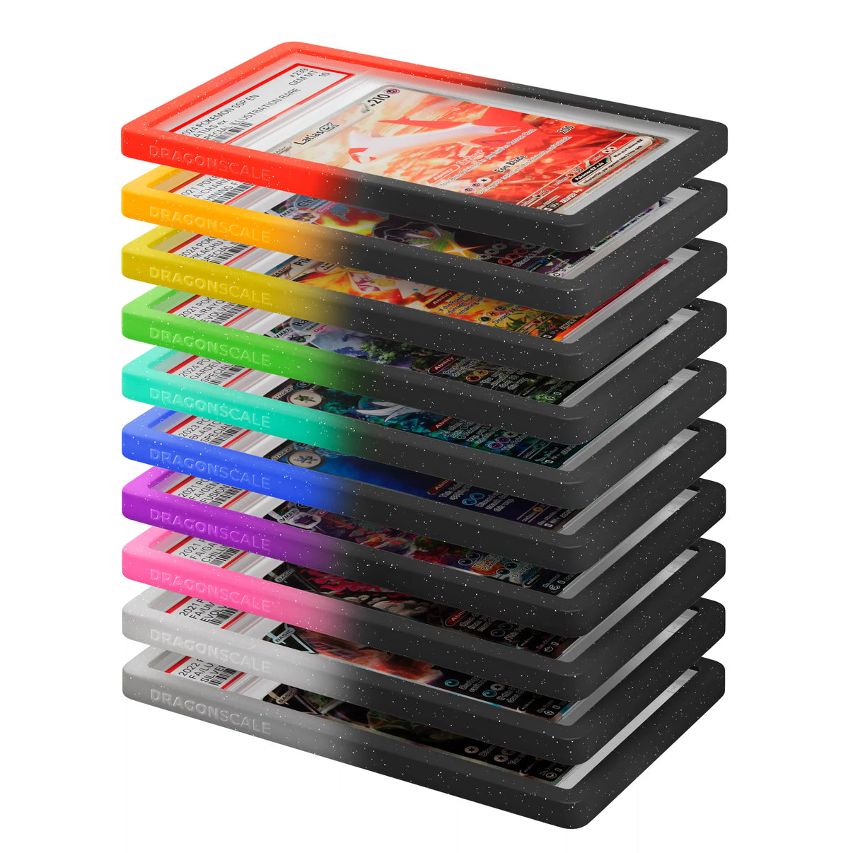 Vertical stack of Dragonscale PSA bumper guards from the Darkness Dazzle bumper booster box, showcasing PSA slabs with guards in 10 different colors.