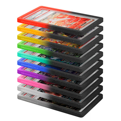 Vertical stack of Dragonscale PSA bumper guards from the Darkness Dazzle bumper booster box, showcasing PSA slabs with guards in 10 different colors.