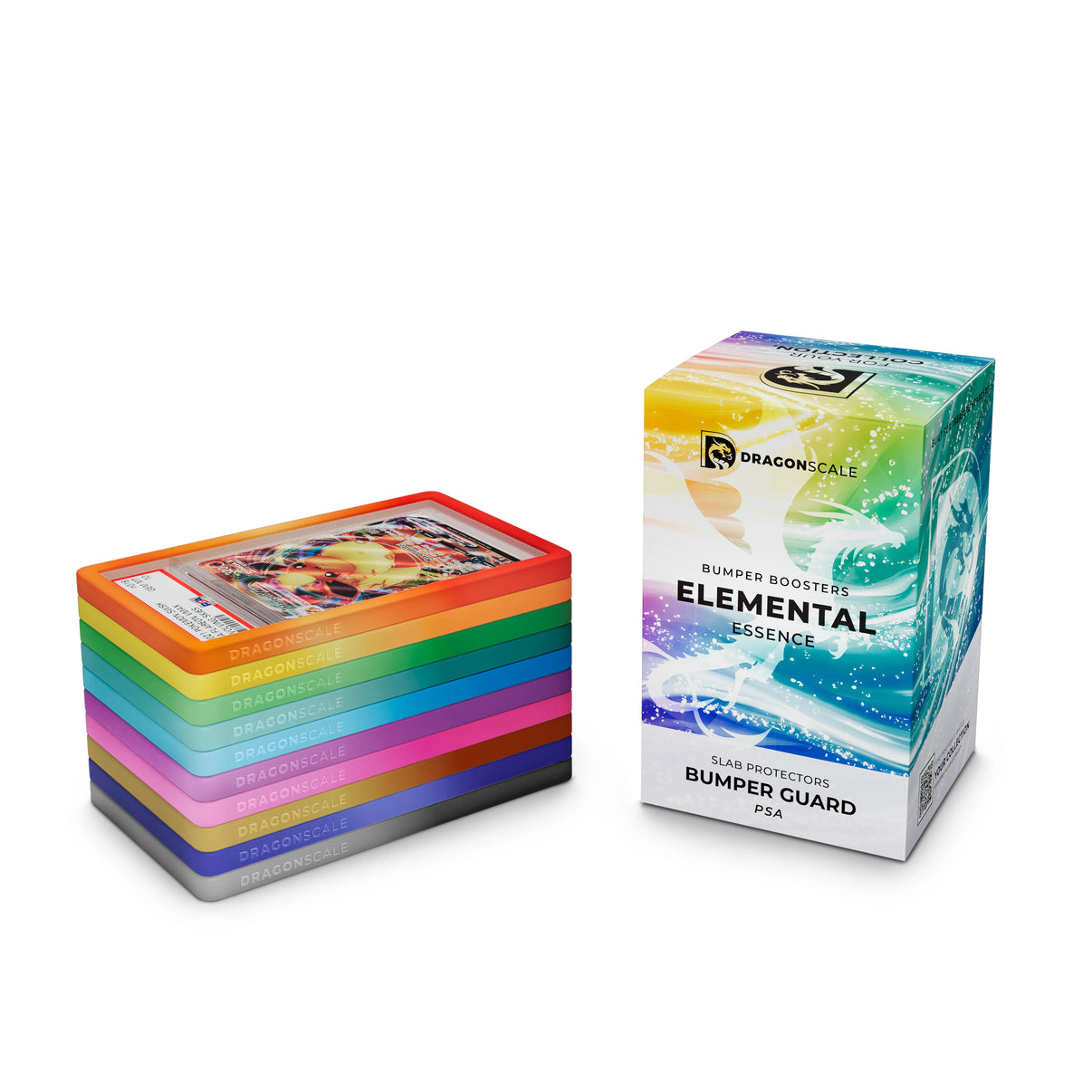 Boxed set view of the Dragonscale Elemental Essence bumper booster box, featuring a display packaging box alongside a stack of 10-pack PSA bumper guards.