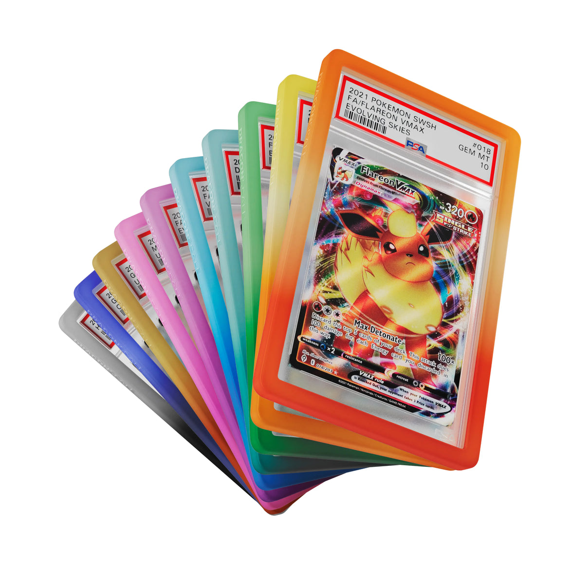 Fan display of Dragonscale PSA bumper guards from the Elemental Essence bumper booster box, showcasing PSA slabs with guards in 10 different colors.