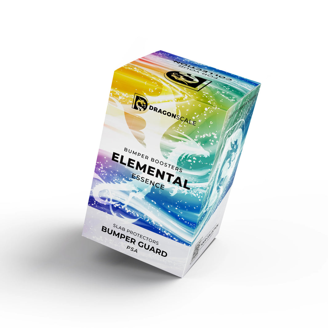 Front-facing view of the Dragonscale Elemental Essence bumper booster box, featuring a display packaging box for 10-pack PSA bumper guards.