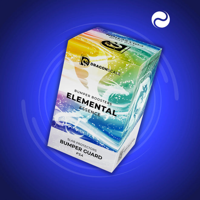 Front-facing view of the Dragonscale Elemental Essence bumper booster box, featuring a display packaging box for 10-pack PSA bumper guards.