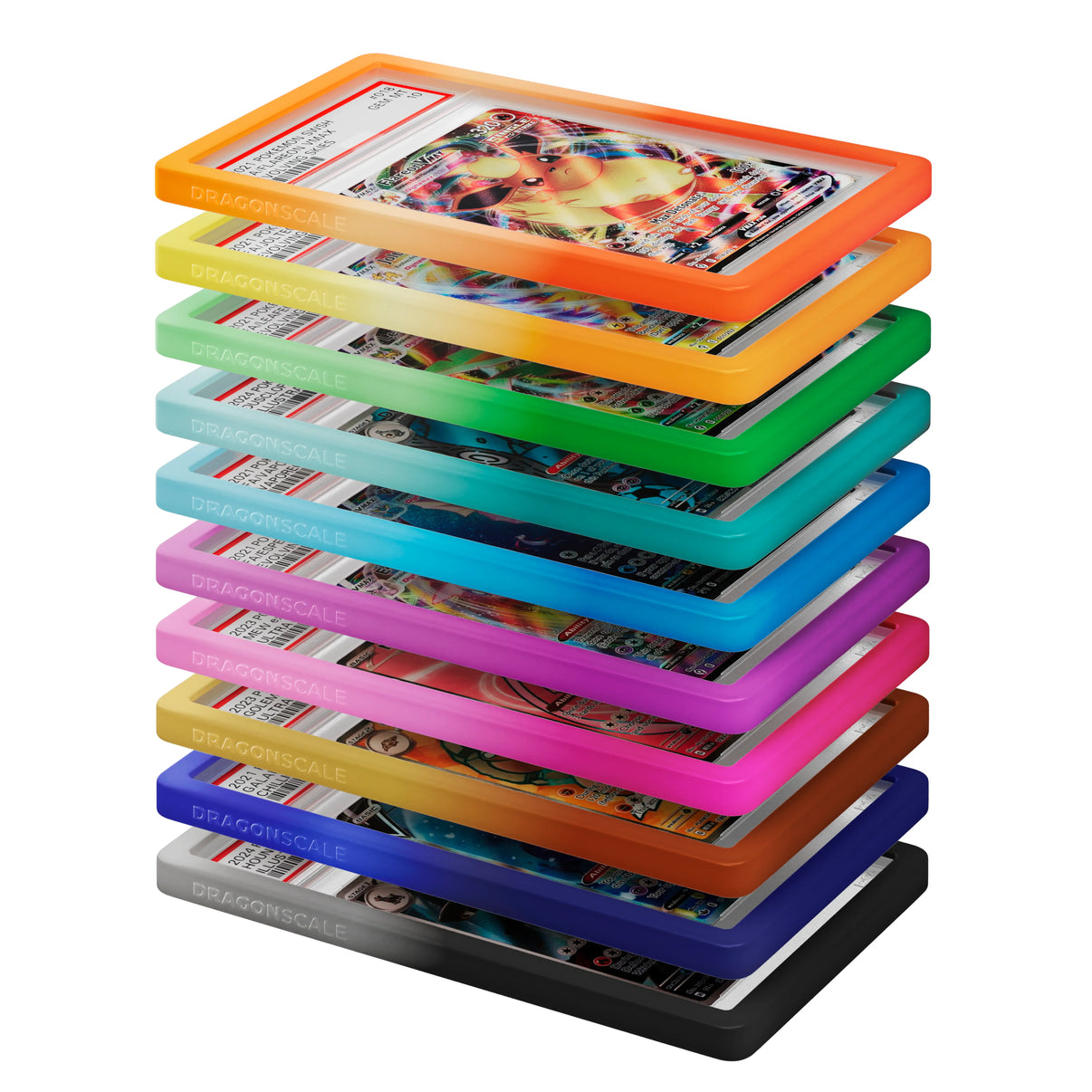 Vertical stack of Dragonscale PSA bumper guards from the Elemental Essence bumper booster box, showcasing PSA slabs with guards in 10 different colors.