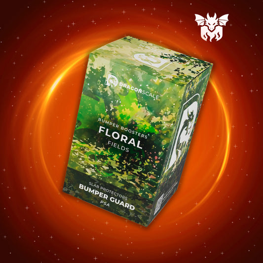 Front-facing view of the Dragonscale Floral Fields bumper booster box, featuring a display packaging box for 10-pack PSA bumper guards.
