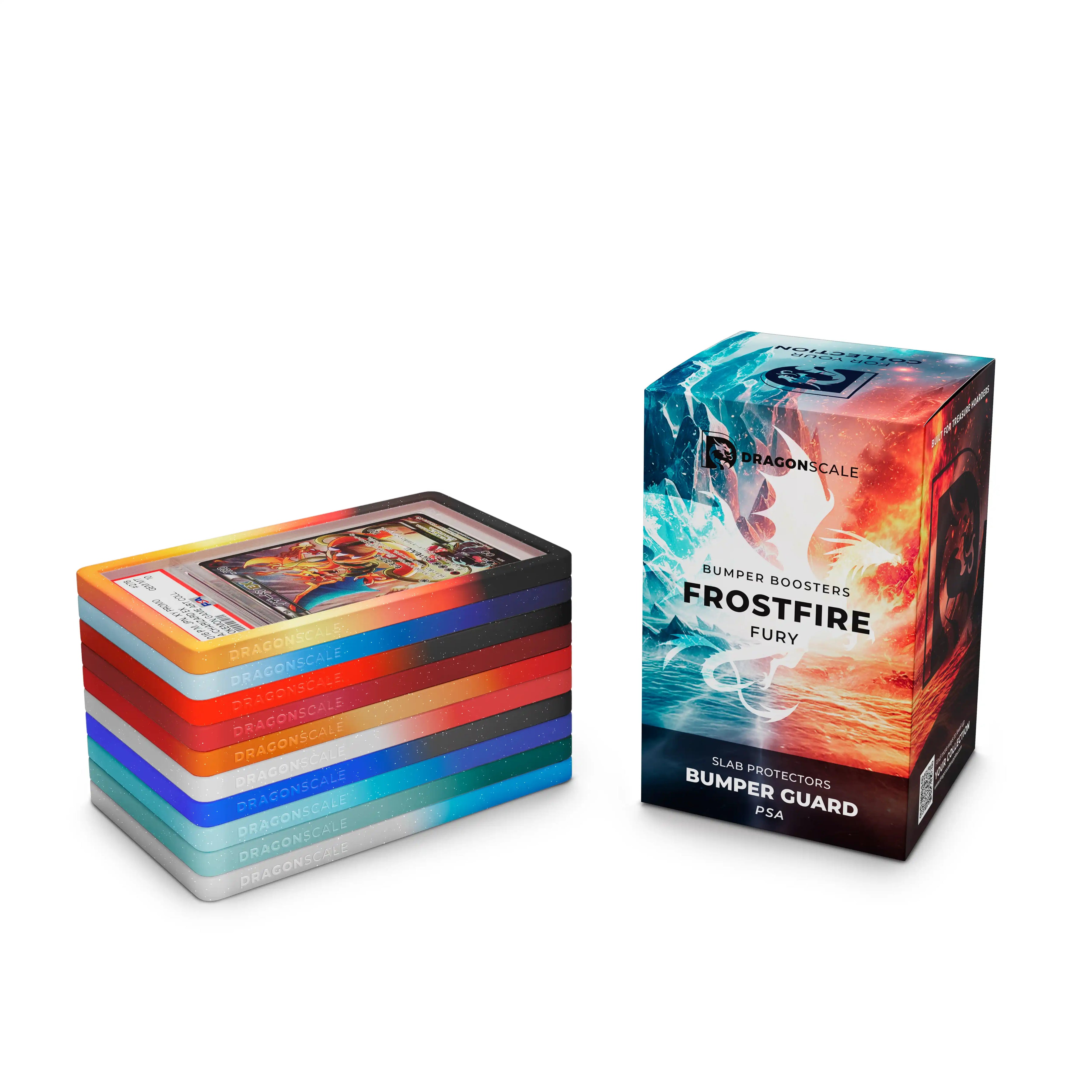 Boxed set view of the Dragonscale Frostfire Fury bumper booster box, featuring a display packaging box alongside a stack of 10-pack PSA bumper guards.