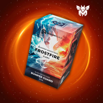 Front-facing view of the Dragonscale Frostfire Fury bumper booster box, featuring a display packaging box for 10-pack PSA bumper guards.