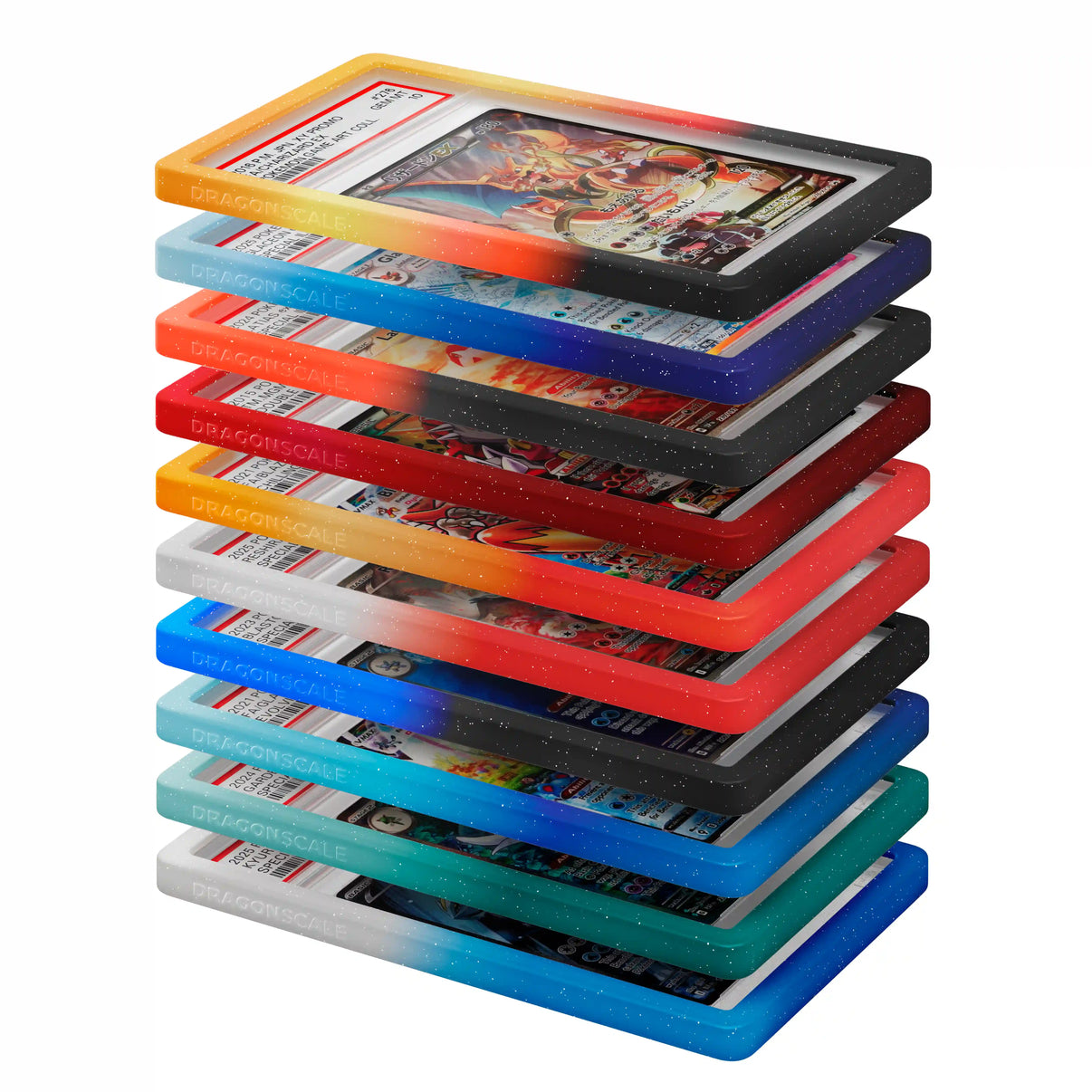 Vertical stack of Dragonscale PSA bumper guards from the Frostfire Fury bumper booster box, showcasing PSA slabs with guards in 10 different colors.