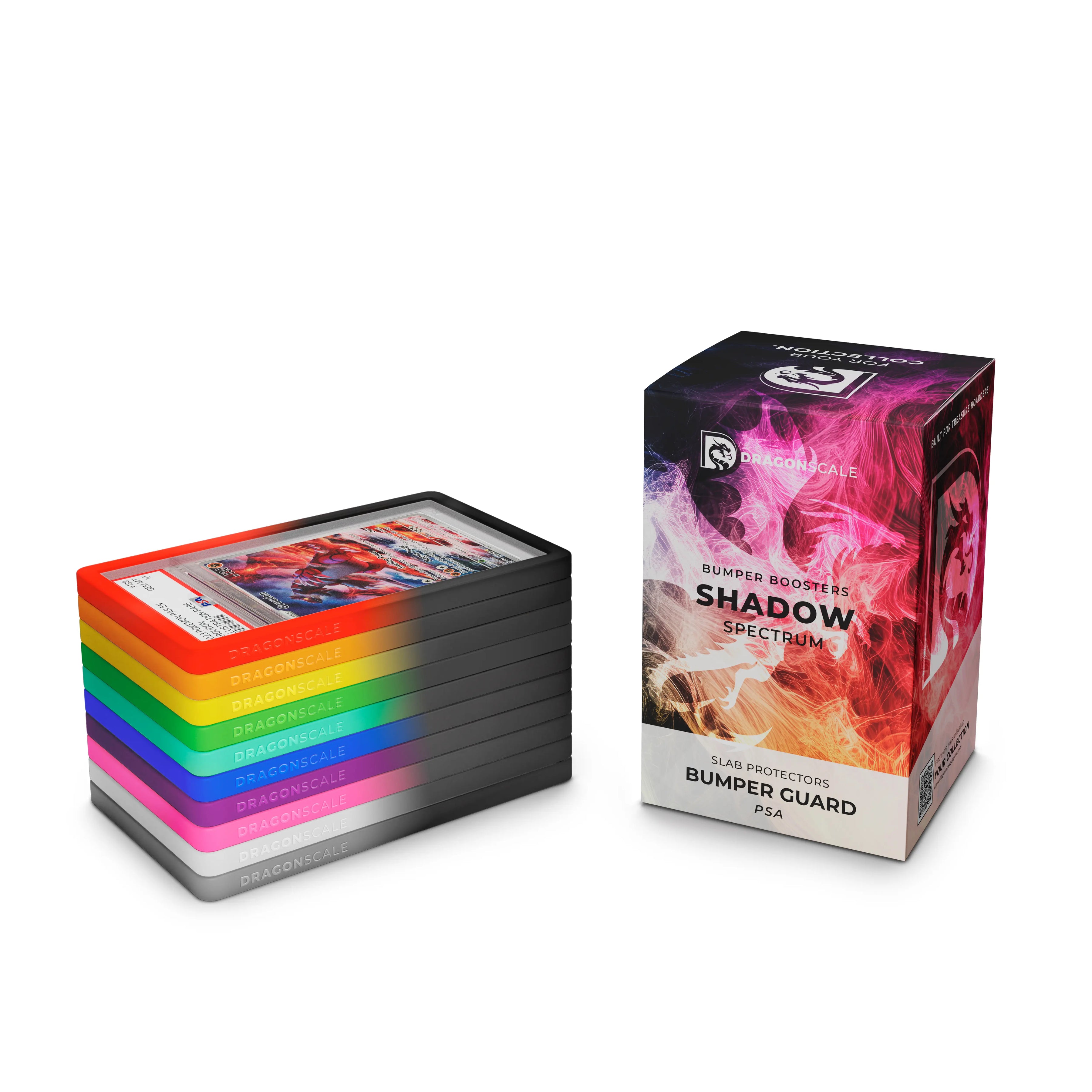 Boxed set view of the Dragonscale  Shadow Spectrum bumper booster box, featuring a display packaging box alongside a stack of 10-pack PSA bumper guards.