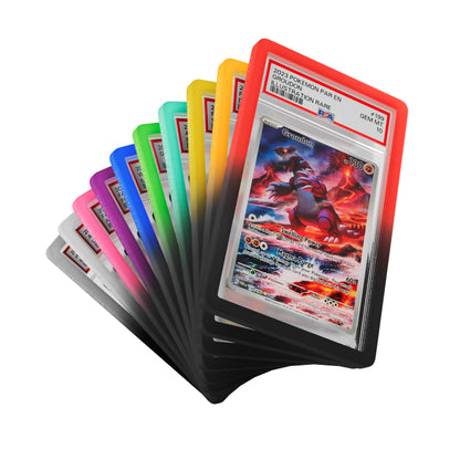 Fan display of Dragonscale PSA bumper guards from the  Shadow Spectrum bumper booster box, showcasing PSA slabs with guards in 10 different colors.