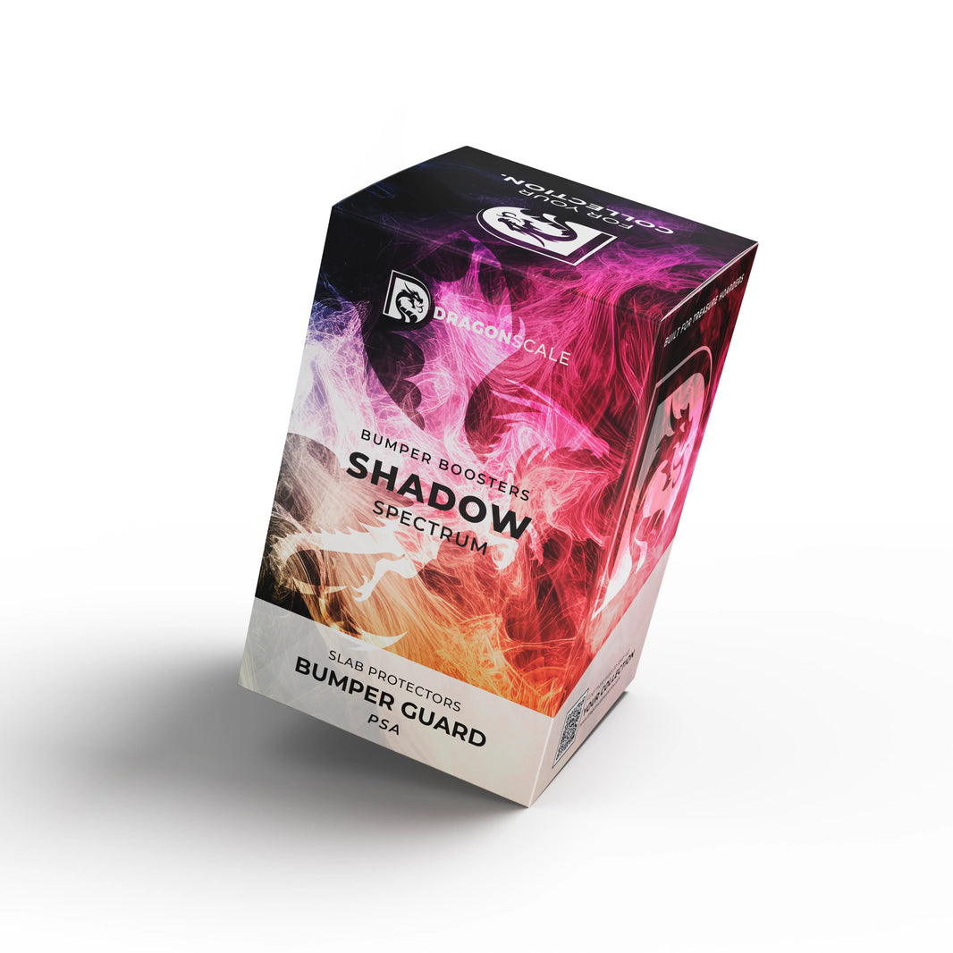 Front-facing view of the Dragonscale Shadow Spectrum bumper booster box, featuring a display packaging box for 10-pack PSA bumper guards.